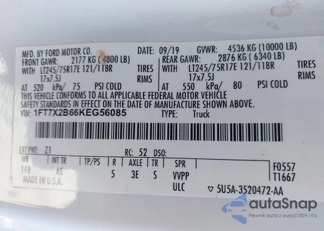 2019 Ford F-250 Xl from USA, damaged, VIN 1FT7X2B66KEG56085